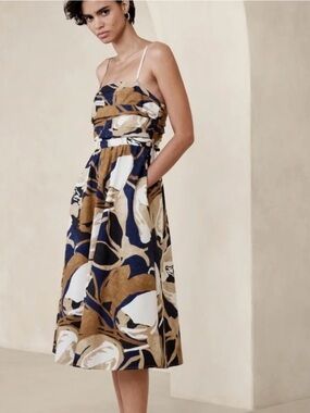 Banana Republic Navy, Tan & White Floral Midi Dress